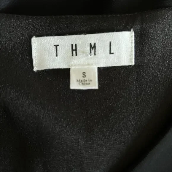 THML Mini Dress Black Small Ruffle Long Sleeve V Neck - Picture 4 of 7